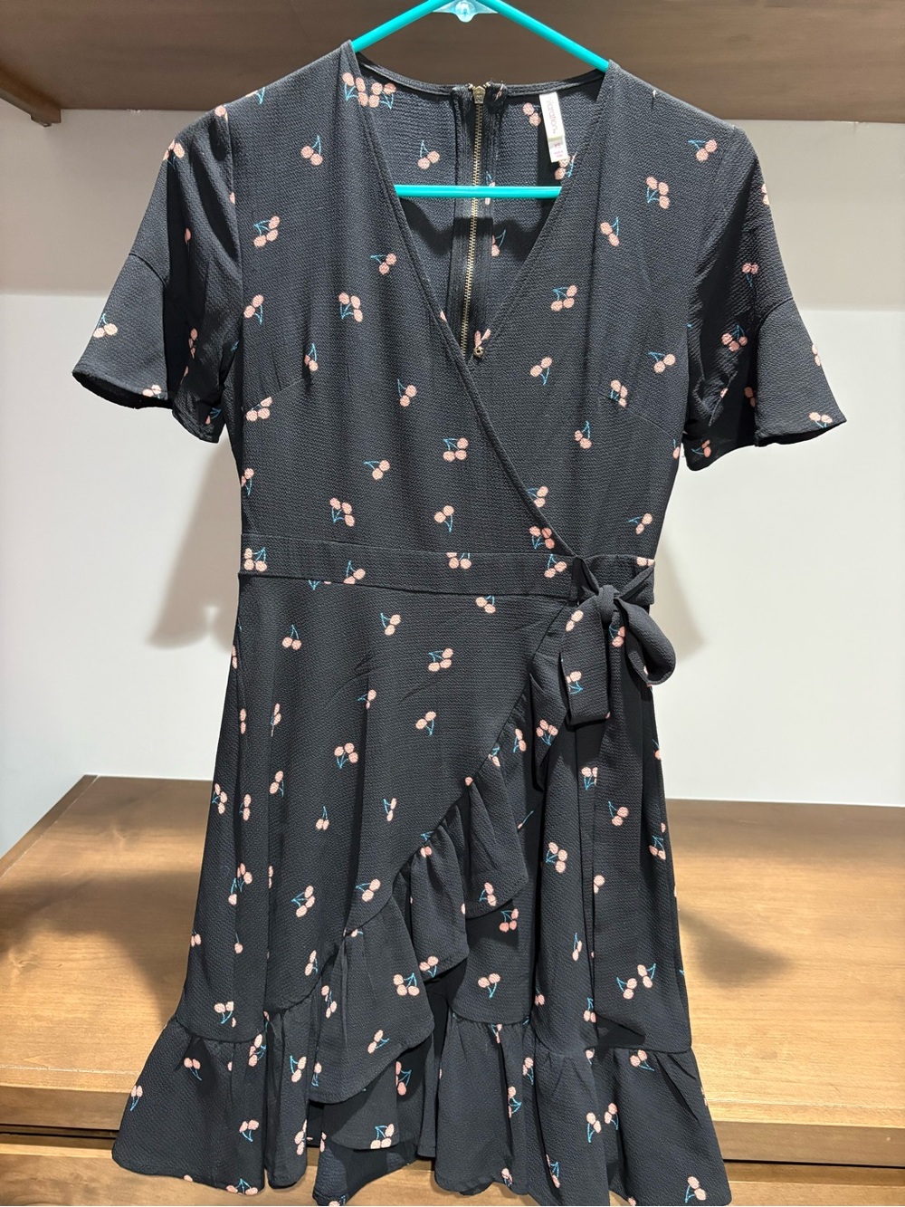 Black Wrap Dress with Pink Cherry Print